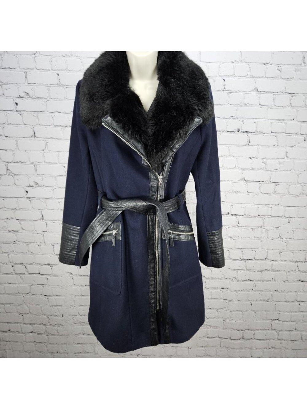 Via Spiga Blue Black Wool Blend Faux Leather Faux Fur Collar Belted Zip Coat 10